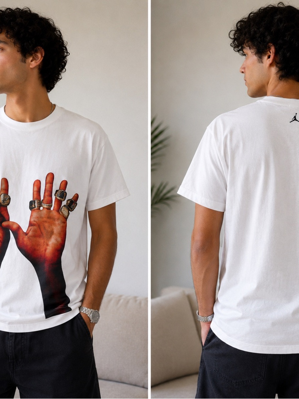 Jordan White Short-Sleeve Tee with Graphic Hand Print